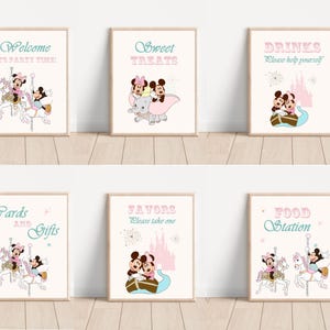 Mickey en vrienden tafelborden feestdecoratie, afdrukbare Mickey verjaardagsfeestje decoratie, Mickey drankjes eten kaart en cadeaus borden digitaal
