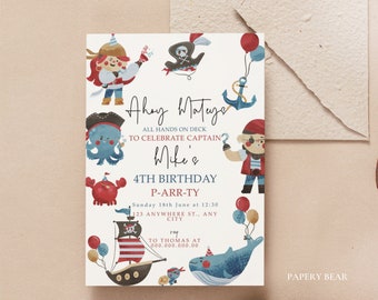 May include: Ahoy Mateys! Invitation for a 4th birthday party for Captain Mike. The invitation features a pirate ship, an octopus, a crab, a whale, and a pirate holding a treasure chest. The text on the invitation reads "Ahoy Mateys! All hands on deck to celebrate Captain Mike's 4th Birthday P-Arr-Ty. Sunday 18th June at 12:30. 123 Anywhere St., Any City. To Thomas at 000.000.000.00."