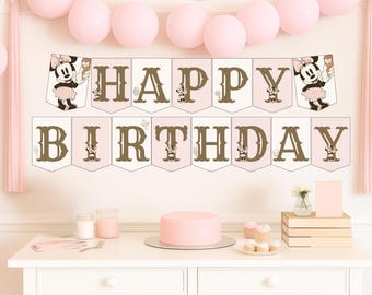 Roze verjaardagsbanner Minnie Mouse, decoratie snoepwinkel (afdrukbaar)