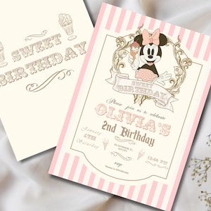 Minnie Sweet Birthday Invitation, Printable Vintage Mouse Ice Cream Birthday Theme Party, Mickey Invitation, Editable Digital Download