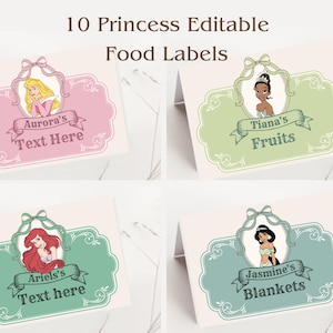 Editable Princess Food Label For Baby Shower Birthday Party, Princess Party Food Table Signs, Aurora, Moana, Frozen, Snow White, Cinderella