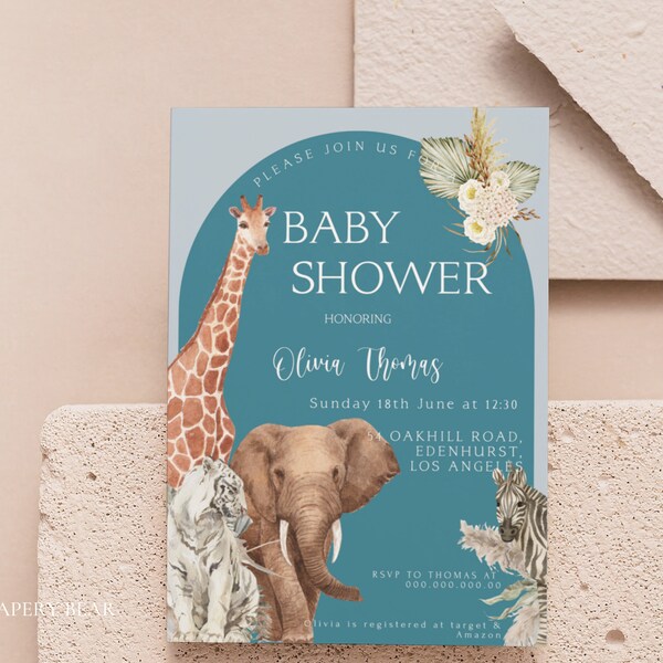 Boho Safari Baby Shower Invitation Template, Blue Jungle Animal Boy Baby Shower Invite Template,  Editable Baby Shower Invitation, Digital