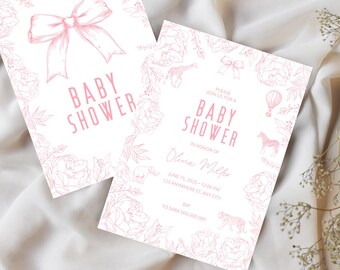 May include: Two baby shower invitations with pink floral and bow illustrations. The text "BABY SHOWER" is prominently displayed. One invitation includes event details: date, time, and location. The design features a delicate, feminine aesthetic.