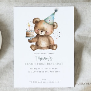 Invito di compleanno modificabile per orsacchiotto ragazzo di QUALSIASI ETÀ, primo compleanno di orsetto, invito a palloncino per orso, modello stampabile per il primo compleanno di un ragazzo
