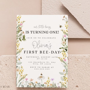 Bee Birthday Invitation, Bee 1st Birthday Invite, 1st Bee Day Invitation, Floral Bee Birthday, Honey Bee Invitation, 1st Birthday Girl Bee