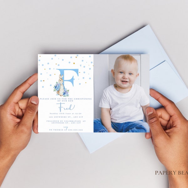 Editable Boy Peter Rabbit Initial Christening Invitations With Photo, Peter Rabbit Baptism Invitation Template Printable Christening Baptism