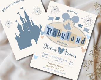 May include: Two invitations with a light blue castle and fireworks design. One invitation says "Welcome to the happiest place on earth." The other says "Babyland" and lists the names Olivia & James, date, time, and location.