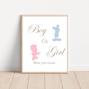 Boy or Girl Please Wear Your Guess Sign, Blue or Pink Gender Reveal Party Signs, Mickey Minnie Theme Party,  Digital
