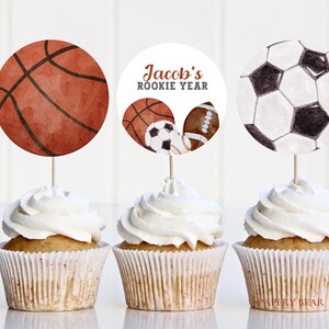 Sport Cupcake Toppers druckbare, 8 vorgefertigte Cupcake Toppers, jedes Alter, All Star ein Jahr Down Sport Thema Party Dekor, digitaler Download