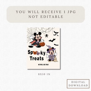 May include: A digital printable 8x10 inch Halloween card featuring Mickey Mouse dressed as a vampire and a witch. The card has a white background with black spiderwebs, bats, and the text "Spooky Treats, No Trick, Just Treat".