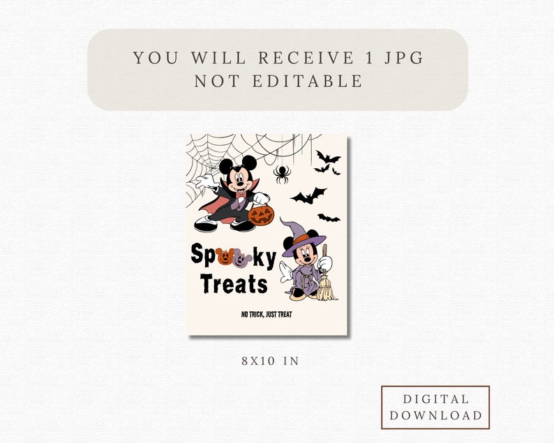 May include: A digital printable 8x10 inch Halloween card featuring Mickey Mouse dressed as a vampire and a witch. The card has a white background with black spiderwebs, bats, and the text "Spooky Treats, No Trick, Just Treat".