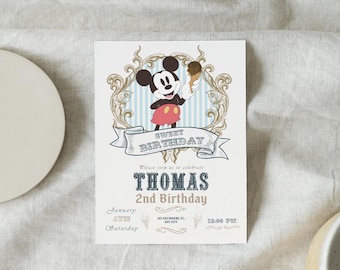 Mickey Mouse Birthday Invitation, Vintage Ice Cream Theme (Digital Download)