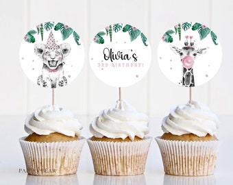 Editable Zoo Party Animals Birthday Cupcake Toppers, Safari Animals Girl Party Decoration, Jungle Animals Toppers, Digital Download