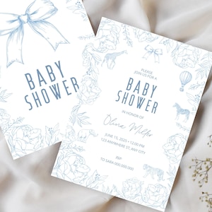 Toile De Jouy Baby Shower Invitation, Editable Blue Toile Invitation, Boy Baby Shower, Toile Print, Instant Download, Digital