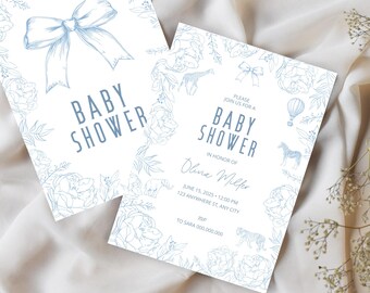 Toile De Jouy Baby Shower Invitation, Editable Blue Toile Invitation, Boy Baby Shower, Toile Print, Instant Download, Digital