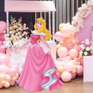 May include: A cartoon princess in a pink dress and gold crown, set against a pink party backdrop with balloons and flowers. The princess is holding her dress, in a party scene.