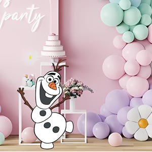 May include: A pink party scene with a cartoon Olaf character, balloons, and a cake. The background is a light pink wall with the words "let's party" in white script. Pastel-colored balloons and large flower decorations add to the festive atmosphere.