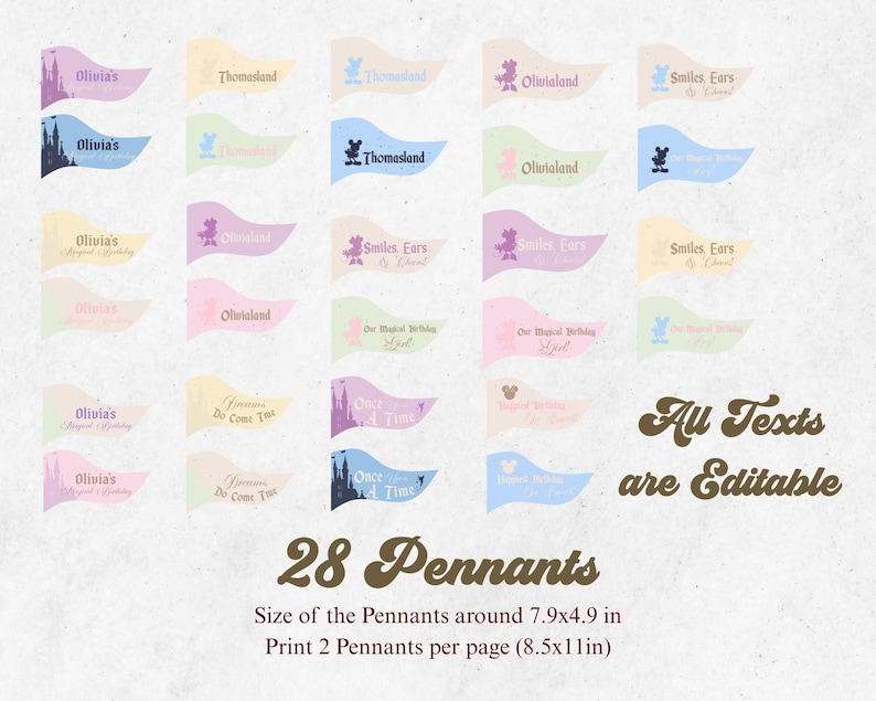 Może przedstawiać: Zestaw 28 edytowalnych proporczyk&oacute;w w pastelowych kolorach, z r&oacute;żnymi tekstami i grafikami. Proporczyki są w odcieniach r&oacute;żu, niebieskiego, ż&oacute;łtego i zielonego, z tekstami takimi jak "Olivia's" i "Thomasland". Obraz zawiera r&oacute;wnież tekst "All Texts are Editable".