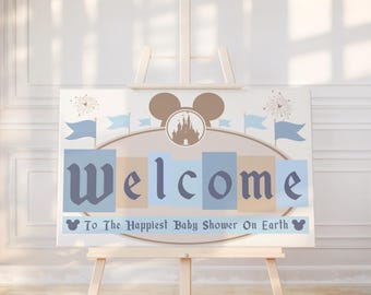 Tabliczka powitalna na Baby Shower w Disneylandzie, niebieski motyw Disneya (do pobrania w wersji cyfrowej)