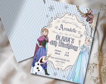 May include: A light blue and white striped invitation with the text "A Magical Day in Arendelle" and "Olivia's 4th Birthday." The invitation features illustrations of animated characters, including Anna, Elsa, Olaf, and Sven. The invitation is 5 x 7 inches.