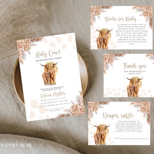 Invitation de douche de bébé vache sacrée, ensemble d&#39;invitation de douche de bébé vache Highland, invitation modifiable et inserts, fleurs des Highlands, téléchargement numérique