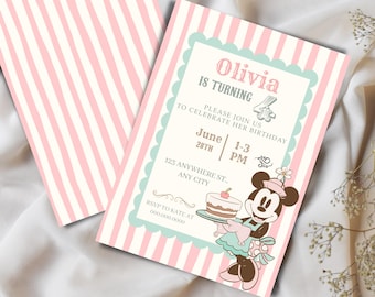 Invitación de cumpleaños de Minnie Mouse / Diseño vintage en verde y rosa (Descarga digital)