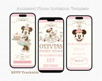 Könnte beinhalten: Animierte Telefon-Einladungsvorlage mit Minnie Mouse-Illustrationen. Das Design enthält Text für eine Geburtstagsfeier mit den Worten "Olivia's Sweet Store" und "1. Geburtstag". Die Einladung ist für mobile Geräte konzipiert.