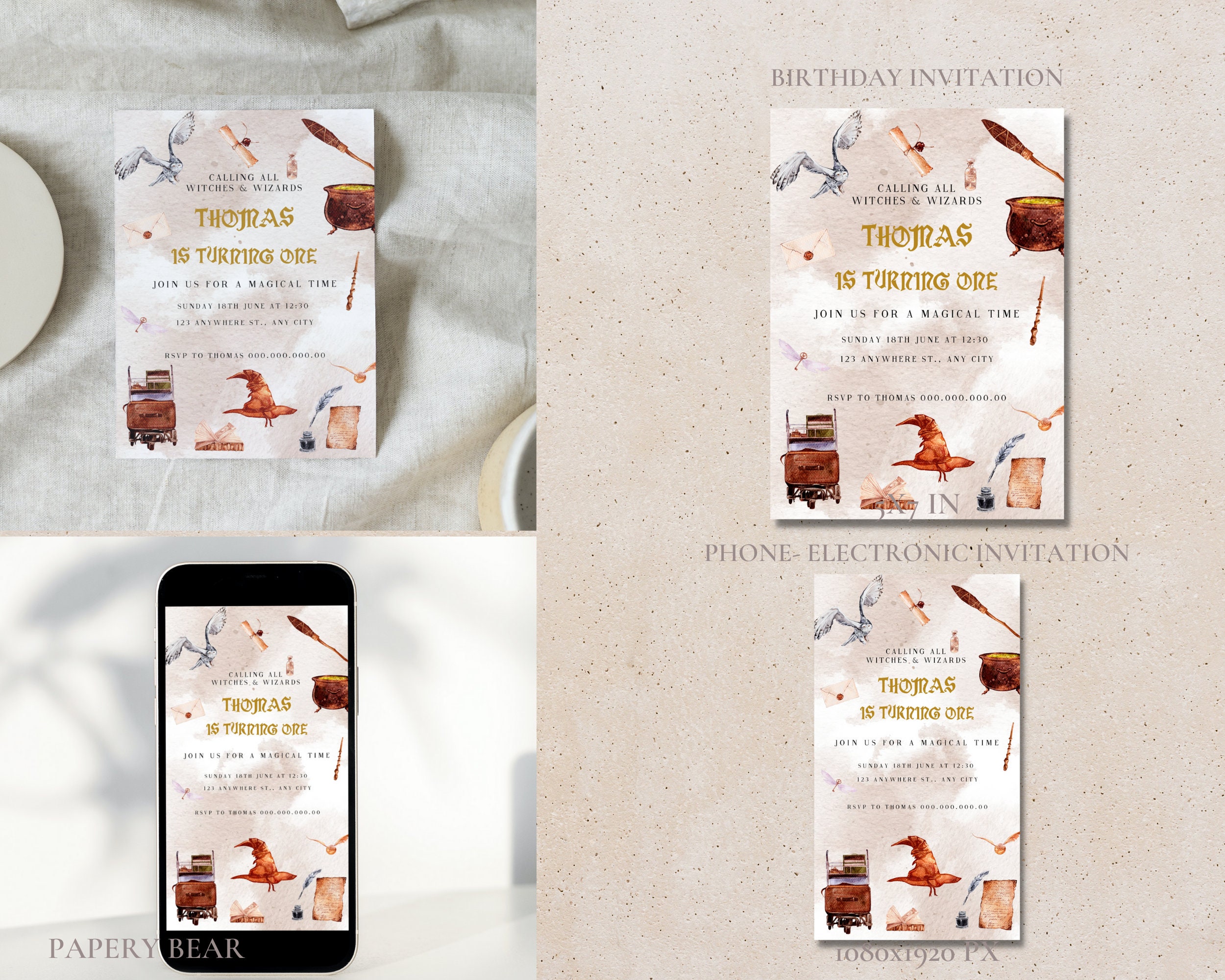 HP Birthday Invitation Bundle Templates, Editable Wizard Birthday Set ...