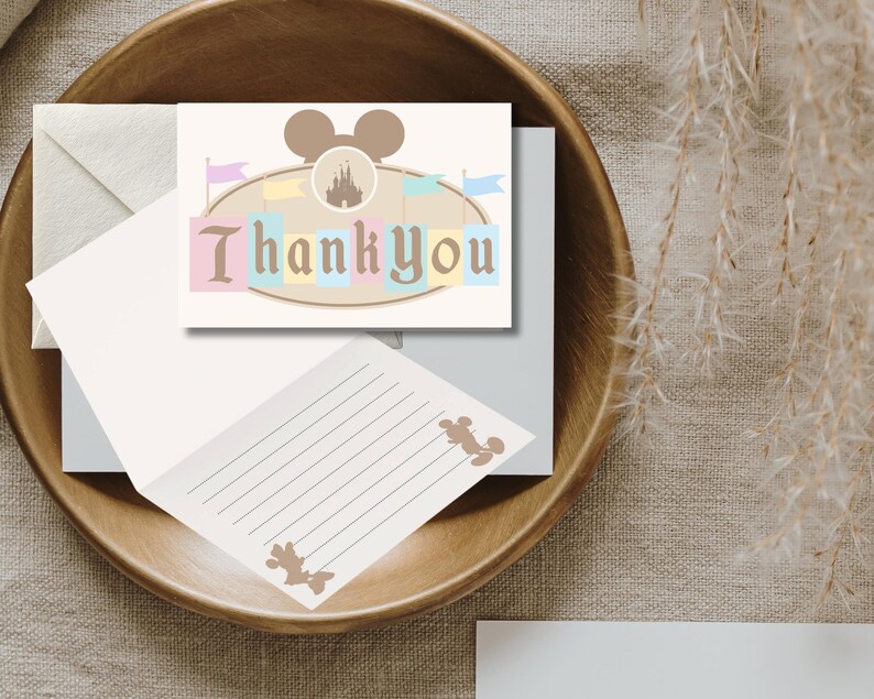 Mickey Theme Park Birthday Thank You Card, Kids Party Notes (digital ...