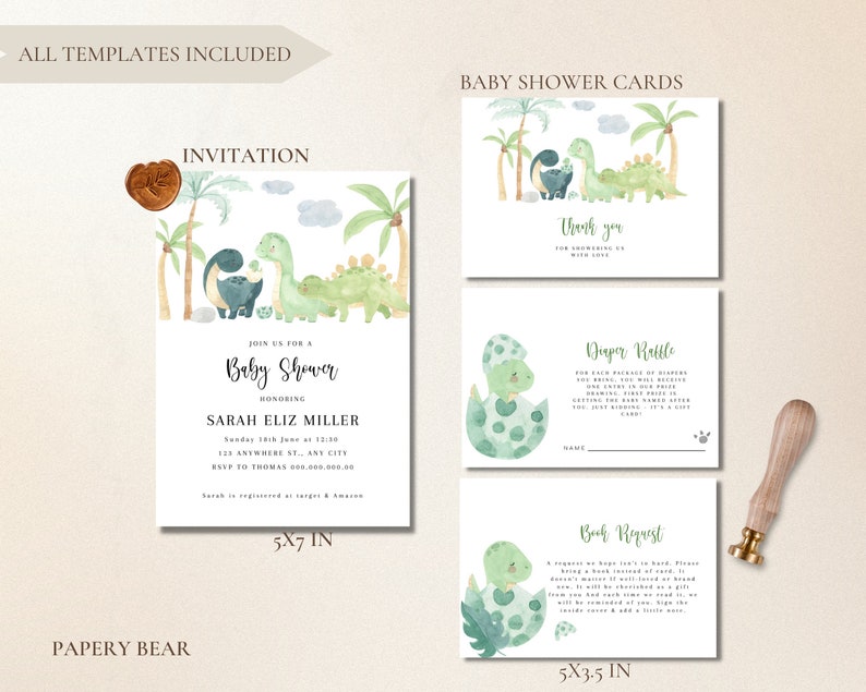 Dinosaur Baby Shower Invitation Templates Set Printable Dino Etsy