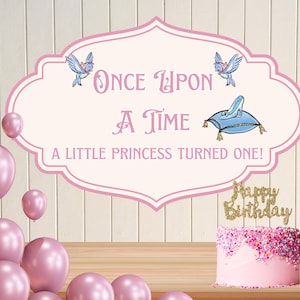 Askungens 1-årsdag utskrivbar skylt med en gång, prinsessfestdekoration, utskrivbar digital nedladdning