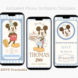May include: Animated phone invitation template featuring Mickey Mouse illustrations. The design includes three phone screens with different Mickey Mouse poses, text, and RSVP details. The invitation is for a birthday party.