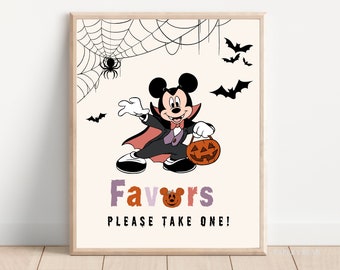 May include: A printable Halloween party sign featuring a cartoon Mickey Mouse dressed as a vampire holding a jack-o-lantern. The sign says "Favors Please Take One!"