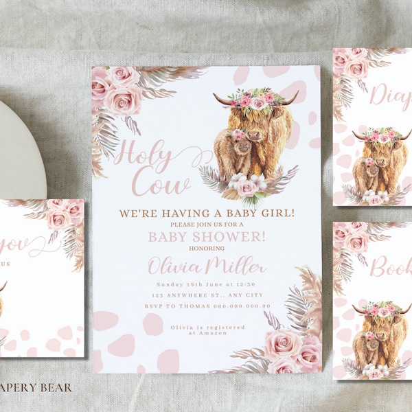 Holy Cow Girl Baby Shower Invitation, Highland Cow Baby Shower Invitation Set, Editable Invite and Inserts, Highland Invite,Digital Download