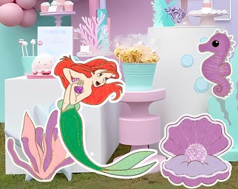 Recortes de acuarela de Ariel, decoración de cumpleaños de sirena con purpurina (descarga digital)