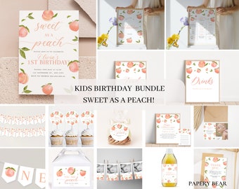 Peach Birthday Invitation Bundle, Girl 1st Birthday Party Decor (Digital)