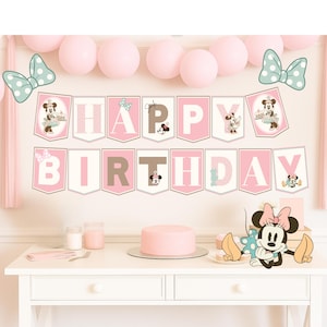 Minnie Mouse Pink Happy Birthday Banner, Girls Birthday Party Decor, Minnie Happy Birthday Sign, Disney Party Printable | Digital Download