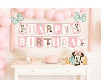 Pancarta de cumpleaños rosa de Minnie Mouse, decoración para fiestas Disney (descarga digital)