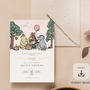 Klassische Winnie Pooh Geburtstagseinladung Vorlage, Pooh Bär Geburtstagseinladung, Vintage Winnie Pooh Mädchen Geburtstag, Instant Download