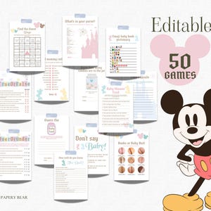 Puede incluir: Una colección de juegos imprimibles para baby shower con el tema de Mickey Mouse. Los juegos incluyen "Encuentra al invitado", "Verdadero o Falso" y "Más o Menos". La imagen también presenta el texto "Editable" y "50 Juegos".