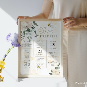 Tablero de hitos del primer año, signo de hito del cumpleaños de la abeja, primer cumpleaños del bebé, cumpleaños de la niña o del niño, cumpleaños del signo del hito del bebé, primer día de la abeja