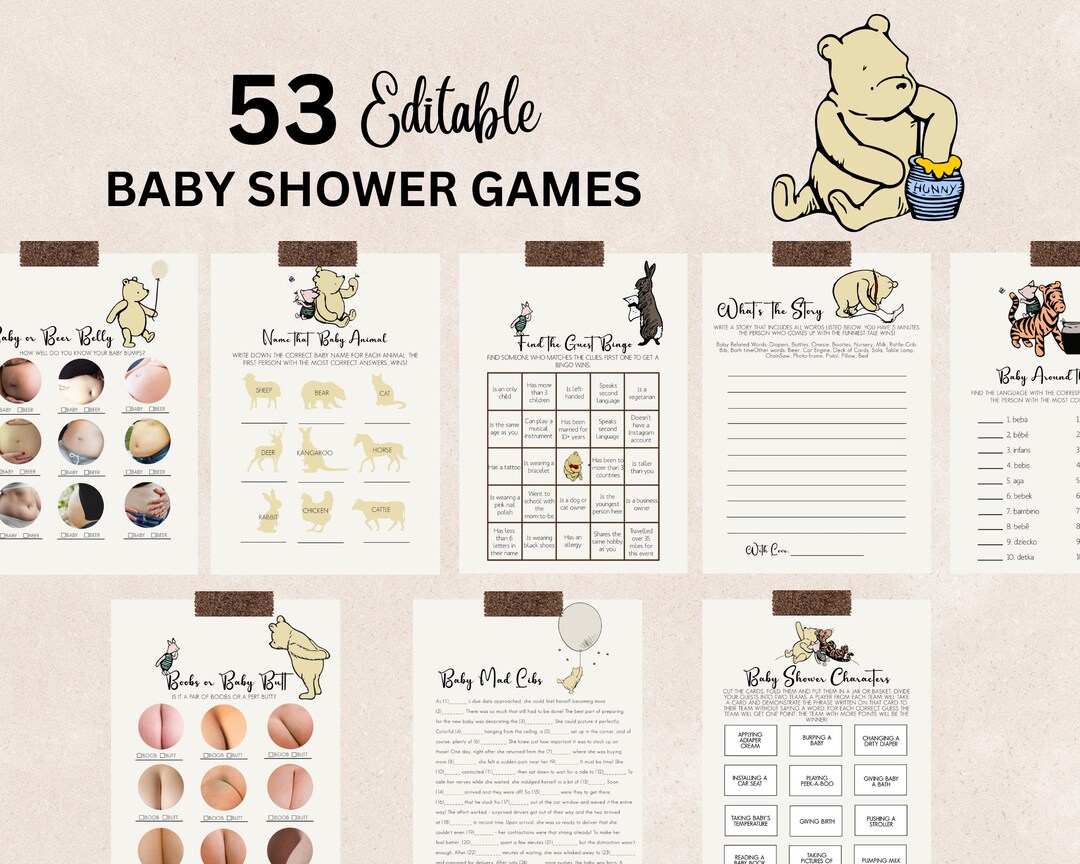 Editable Winnie the Pooh Baby Shower Games, Winniethepooh Classic