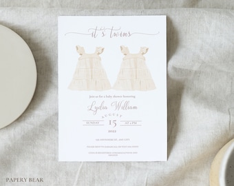 Twins Baby Shower Invitation, Editable Girl's Dresses Template (Digital)