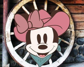 May include: A cartoon image of Minnie Mouse wearing a pink cowboy hat with a matching bow and a blue bandana. The background features a wooden wagon wheel and a rustic wooden wall.
