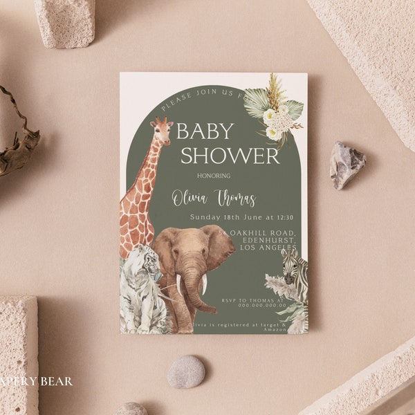 Boho Safari Baby Shower Invitation Template, Sage Green Jungle Animal Baby Shower Invite Template,  Editable Baby Shower Invitation, Digital