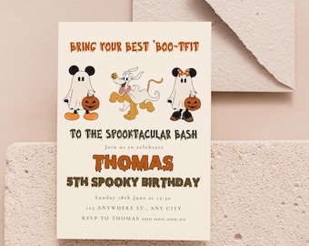 May include: A Halloween-themed birthday invitation with cartoon characters dressed as ghosts. The invitation reads "Bring your best 'Boo-Tfit' to the Spooktacular Bash. Join us to celebrate Thomas 5th Spooky Birthday. Sunday 18th June at 12:30. 123 Anywhere St., Any City. RSVP to Thomas 000.000.000.00"