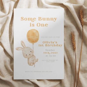 Some Bunny Is One Invite, Bunny First Birthday Invitation, Our bunny is turning one invitation, Editable Invitation, Digital Download