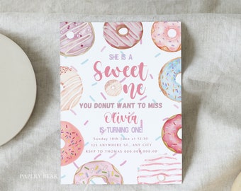 Donut First Birthday Invitation Template, Sweet One Girl (Digital Download)