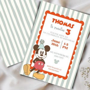 May include: A birthday invitation featuring Mickey Mouse. The invitation has a red scalloped border and includes the text "THOMAS is turning 3". The background has vertical stripes in light blue and white.