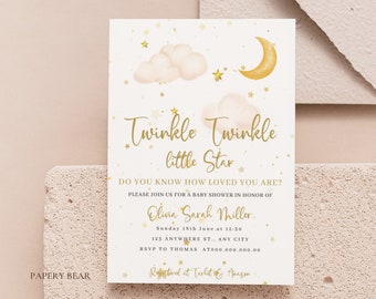 May include: A white baby shower invitation with gold glitter and stars. The text reads "Twinkle Twinkle Little Star" and includes the name "Olivia Sarah Miller".